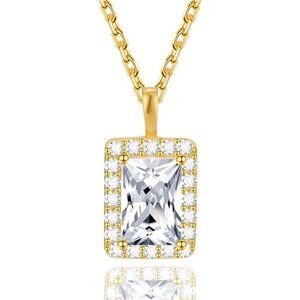 Square Zirconia Necklace 925 Sterling Silver 14K Gold Plated Geometric Pendant